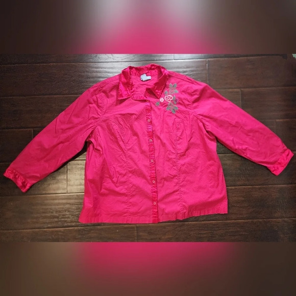 Liz & Me Tops - Liz & Me Womens Magenta Embroidered Collared Button Up Blouse